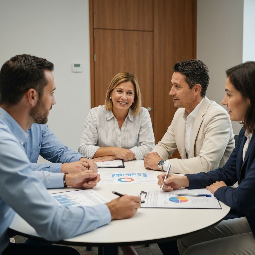 Consultor financiero español trabajando con una familia de empresarios en una mesa redonda, analizando gráficos y documentos financieros con expresiones de comprensión y confianza mutua