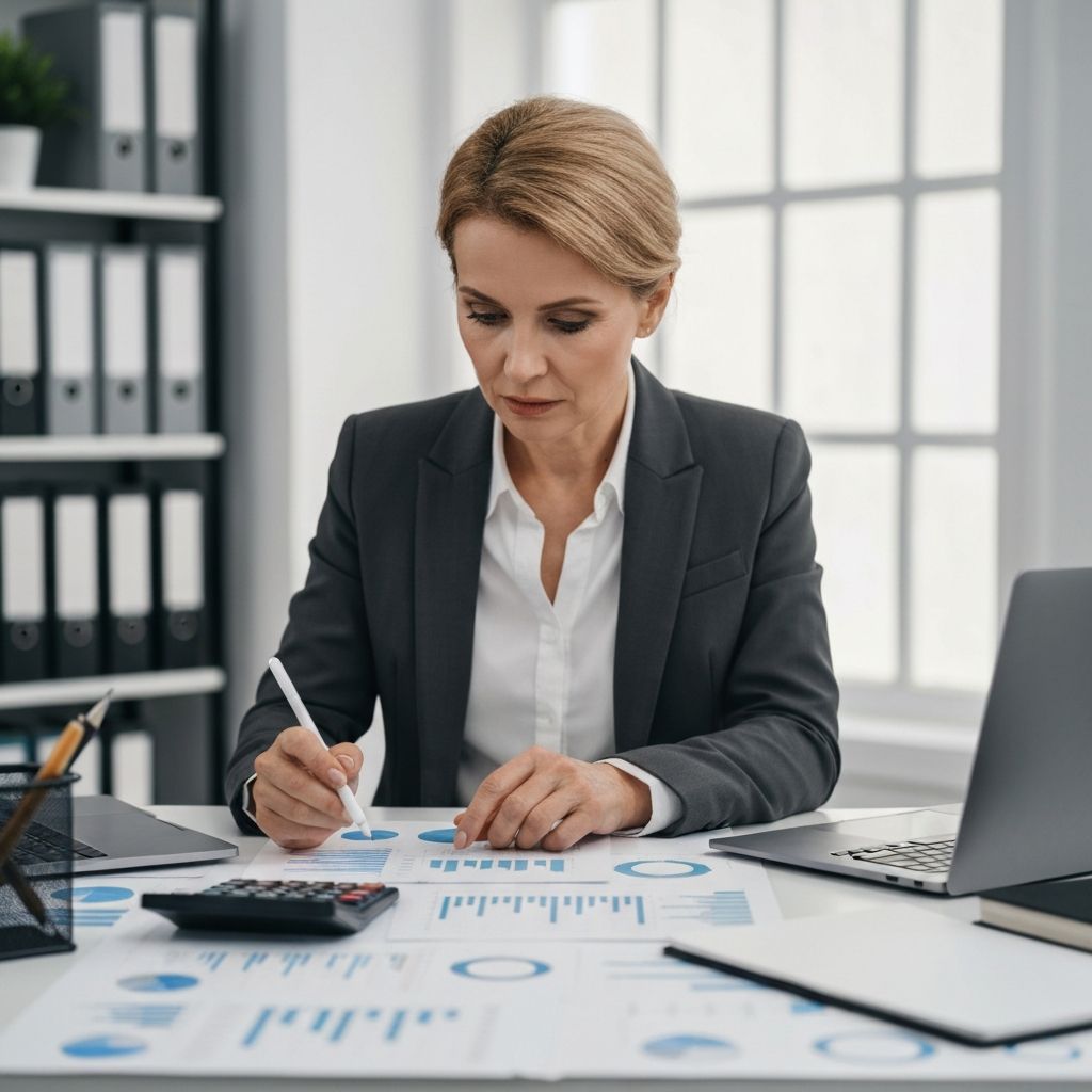 Profesional financiero realizando análisis detallado de documentos y gráficos financieros en una mesa de trabajo con calculadora, portátil y informes impresos, ambiente profesional y organizado